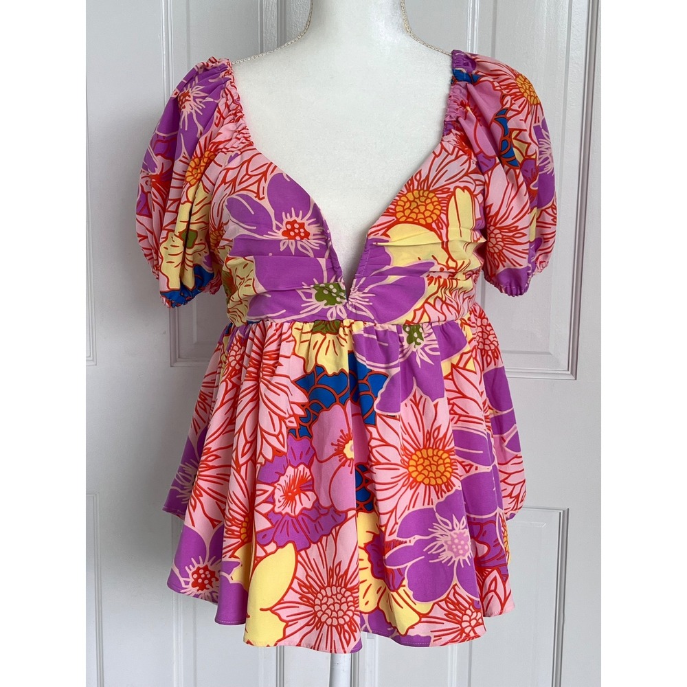 Entro Pink Purple Floral Puff‎ Sleeve Babydoll Peplum Top T18327 women's L